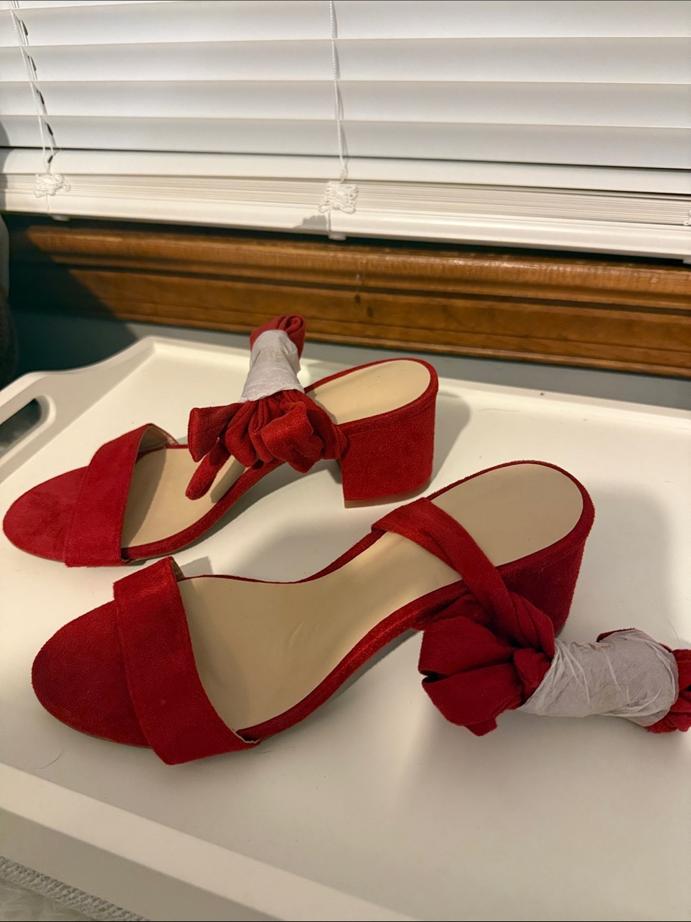 Red Block Heel Sandals with Bow Accent - Women